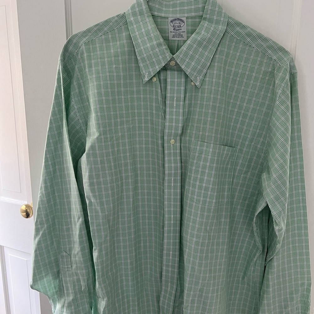 17.5-35 Brooks brothers green white checker button down
